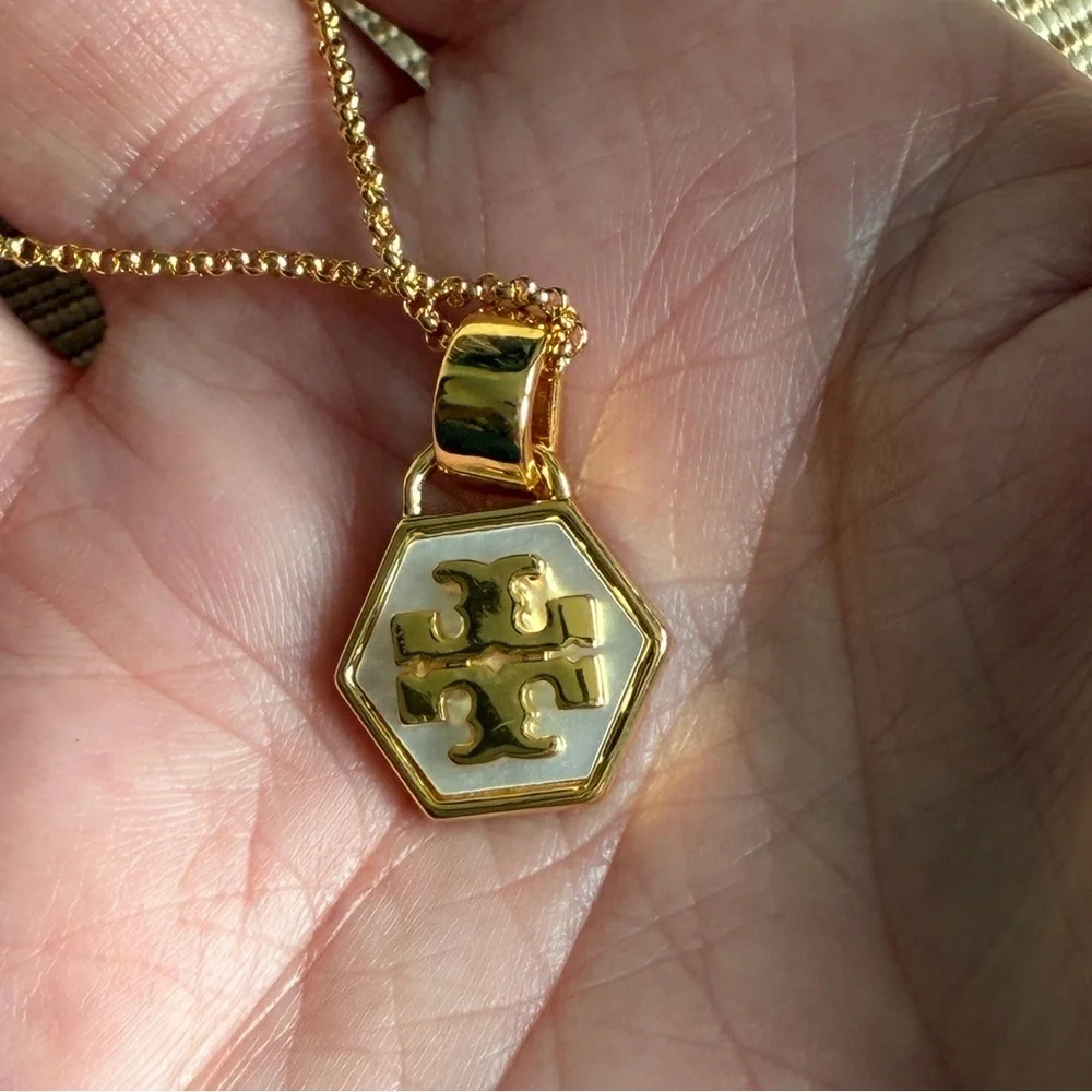 Tory Burch Gold Mother of Pearl Hexagon Pendant Necklace NWT